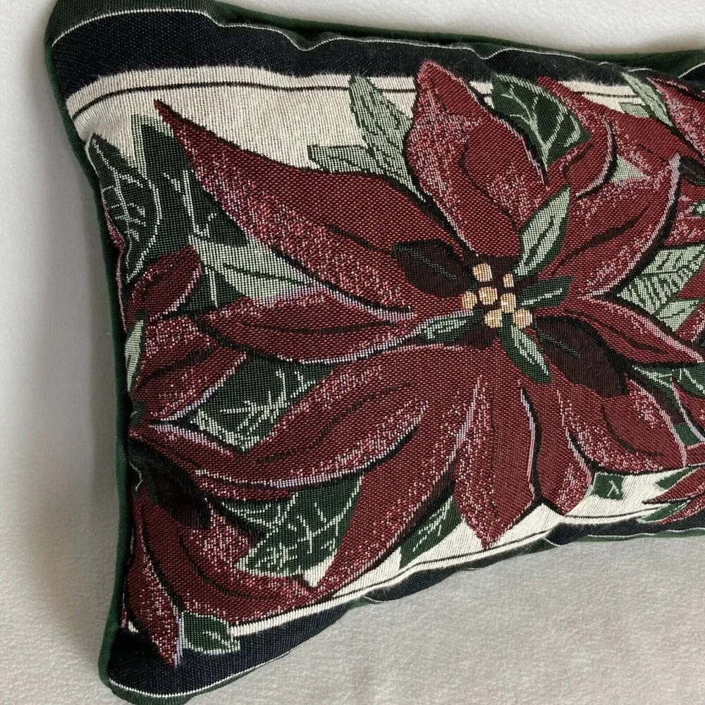 Tapestry Throw Pillow Christmas Holiday Poinsettias Rectangle Red Green White